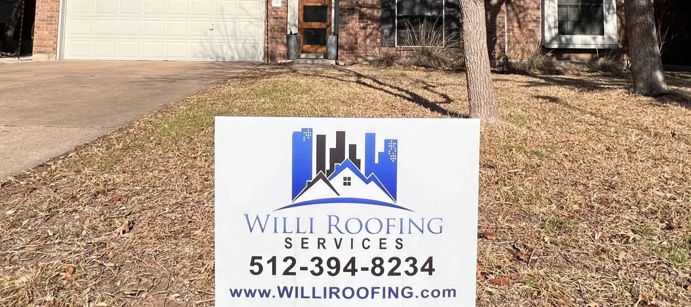 Our Story | Austin, TX Roof Replacement | Willi Roofing Services A home with a brand new replacement roof in Austin, TX and “Willi Roofing” sign in the front yard