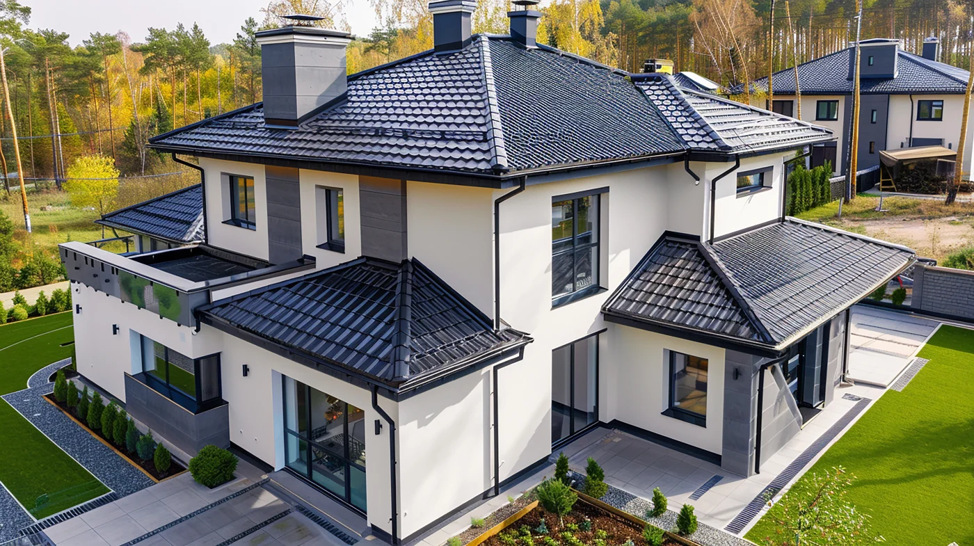 A new black roof on a white two-story house with several windows.
