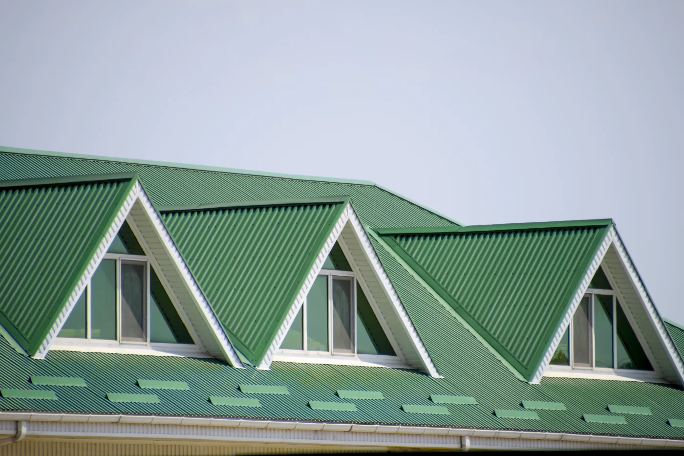The House With Plastic Windows And A Green Roof Of Corrugated Sheet. Green Roof Of Corrugated Metal Profile And Plastic Windows.