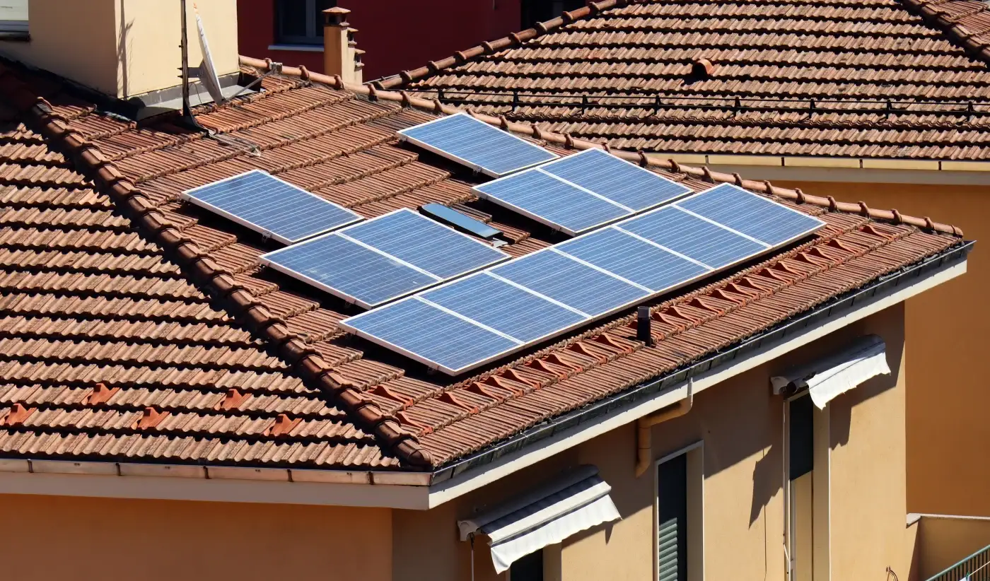 A tile roof in Bastrop, TX, with one half covered in solar panels.