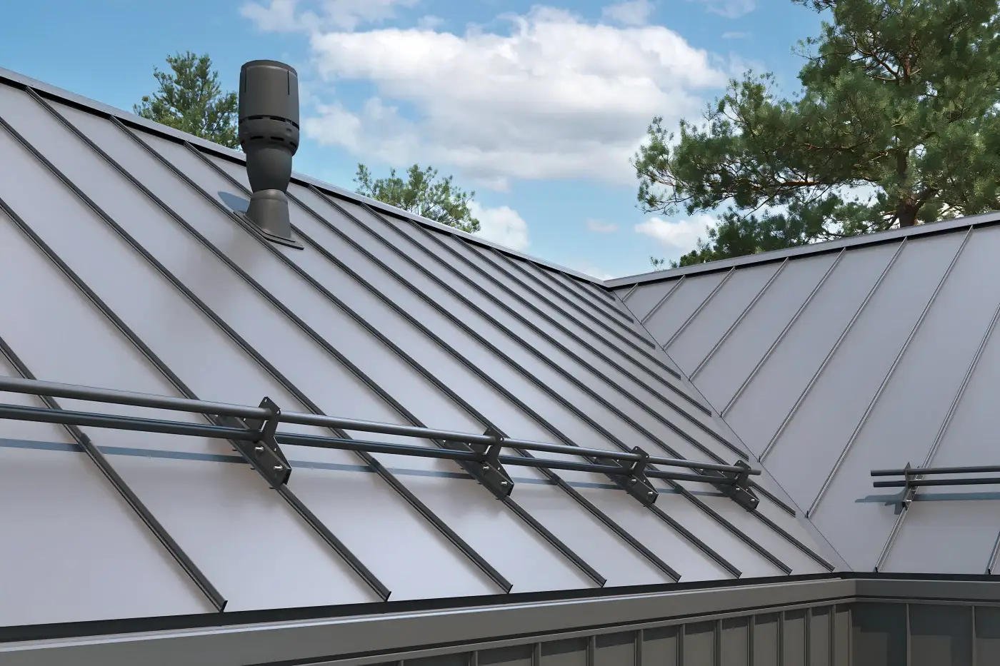 A newly installed metal roof on a residential building.