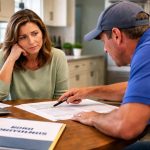 A worried homeowner sits at a kitchen table while a pushy roofing salesperson points at paperwork during a tense consultation.