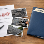 A denied insurance claim letter sits on a wooden table beside roof repair photos, a pen, and a clean estimate folder.