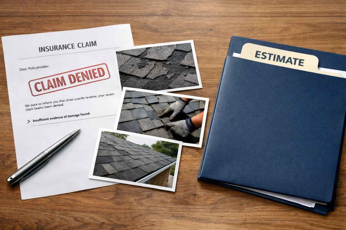 Core Values Roof Replacement | Denied Claim | Austin Area | Willi Roofing Services A denied insurance claim letter sits on a wooden table beside roof repair photos, a pen, and a clean estimate folder.