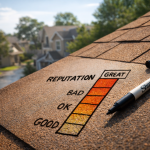 A close-up view of a brown shingle roof shows a hand-drawn reputation meter labeled from bad to great, with a marker resting beside it.