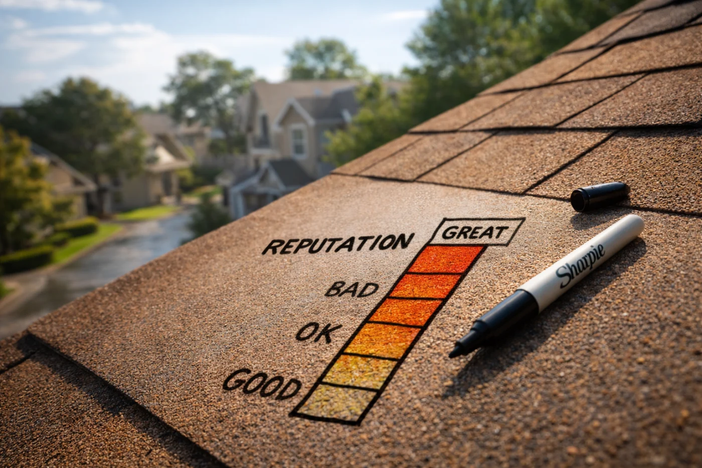 Culture And Reputation | Roof Replacement In Austin, TX | Willi Roofing Services A close-up view of a brown shingle roof shows a hand-drawn reputation meter labeled from bad to great, with a marker resting beside it.