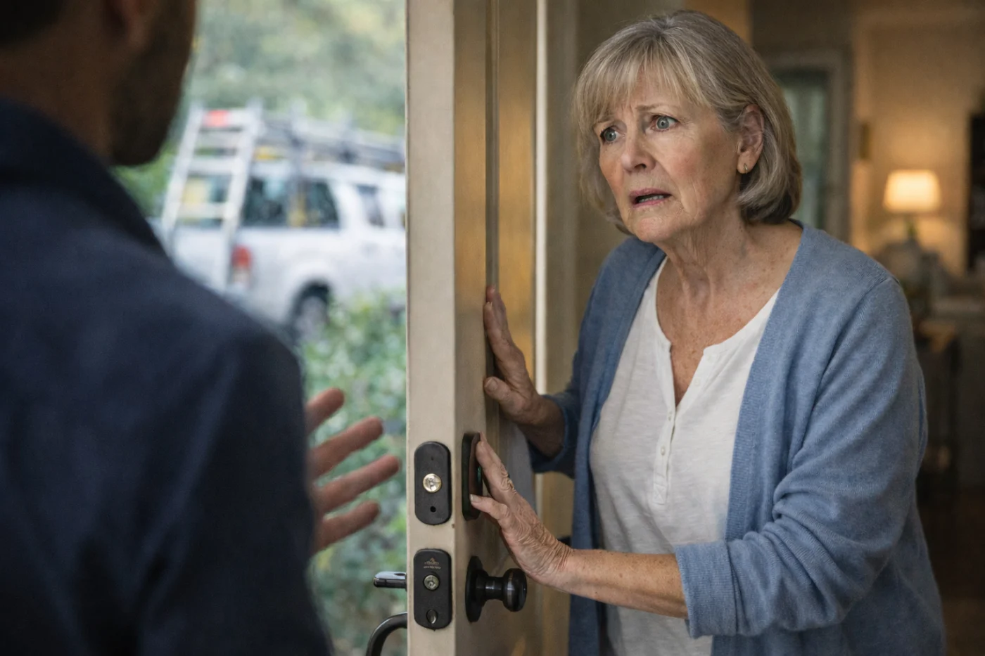 Culture and Reputation Roof Replacement Trust | Austin, TX | Willie Roofing Services An image of an older woman in Austin, TX, looks worried at her front door while listening to a door knocker talk about her roof.