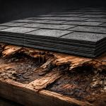 A stack of brand-new roofing shingles sits on top of rotted, cracked, water-damaged wood.