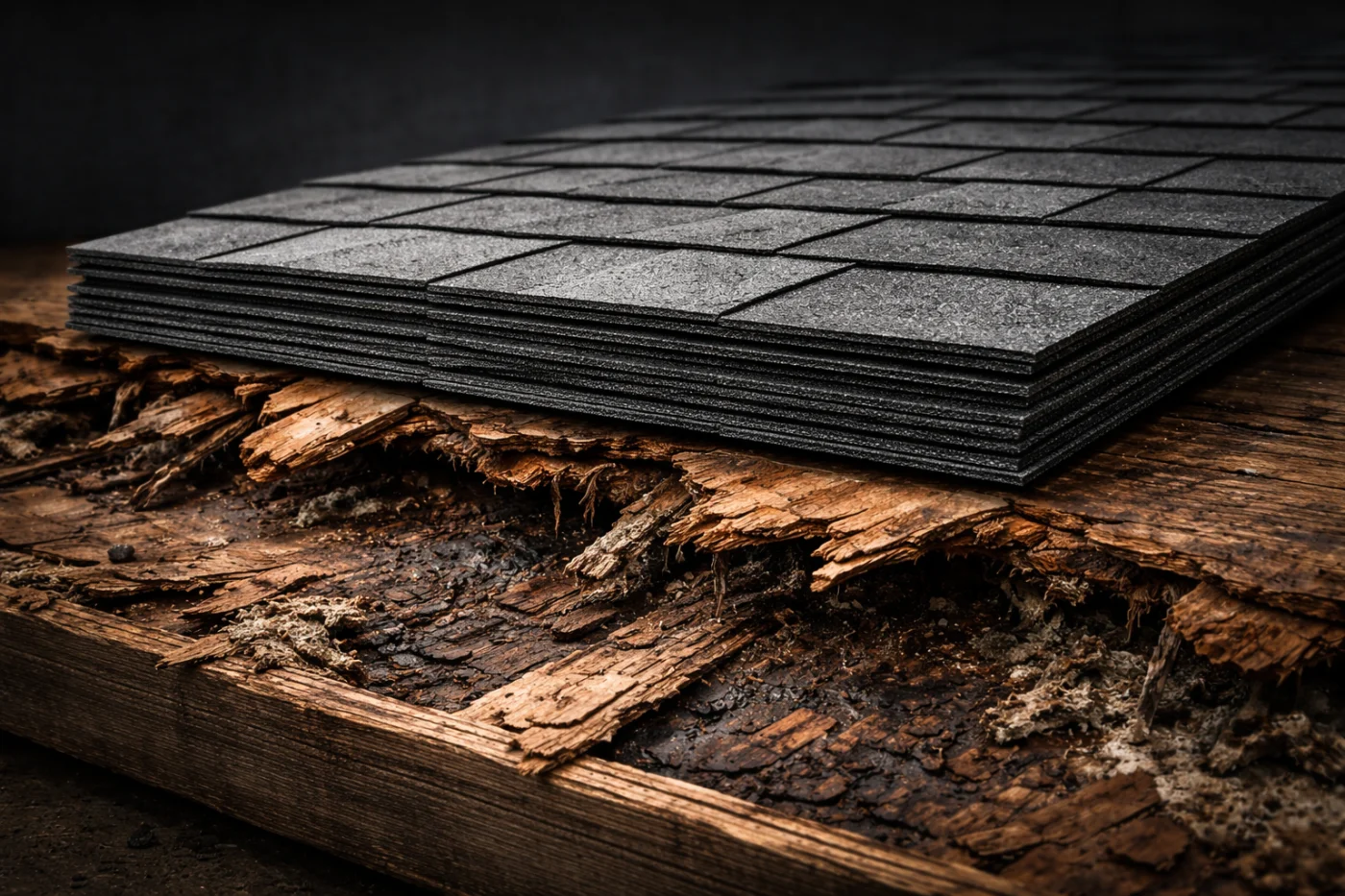 Workmanship Roof Replacement Bad Foundation | Austin, TX | Willi Roofing Services A stack of brand-new roofing shingles sits on top of rotted, cracked, water-damaged wood.