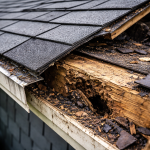 A close-up view of a roof edge during replacement reveals peeled-back shingles, rotted fascia, worn wood, and missing edge protection beneath the older system.