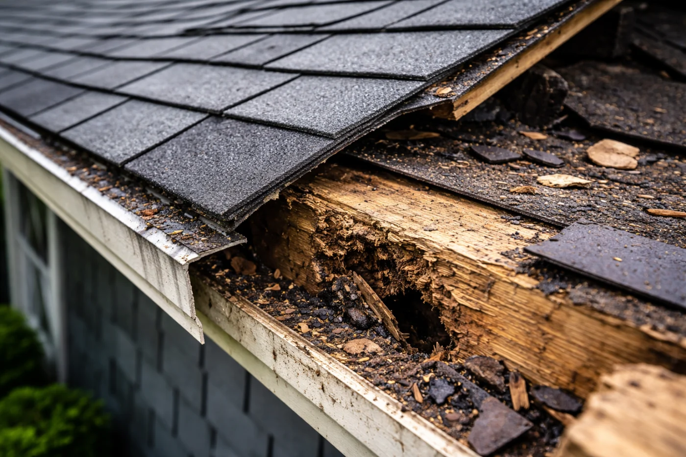 Stellar Workmanship Makes For A Great Roof Replacement | Hidden Damage in Dripping Springs, TX | Willi Roofing Services A close-up view of a roof edge during replacement reveals peeled-back shingles, rotted fascia, worn wood, and missing edge protection beneath the older system.